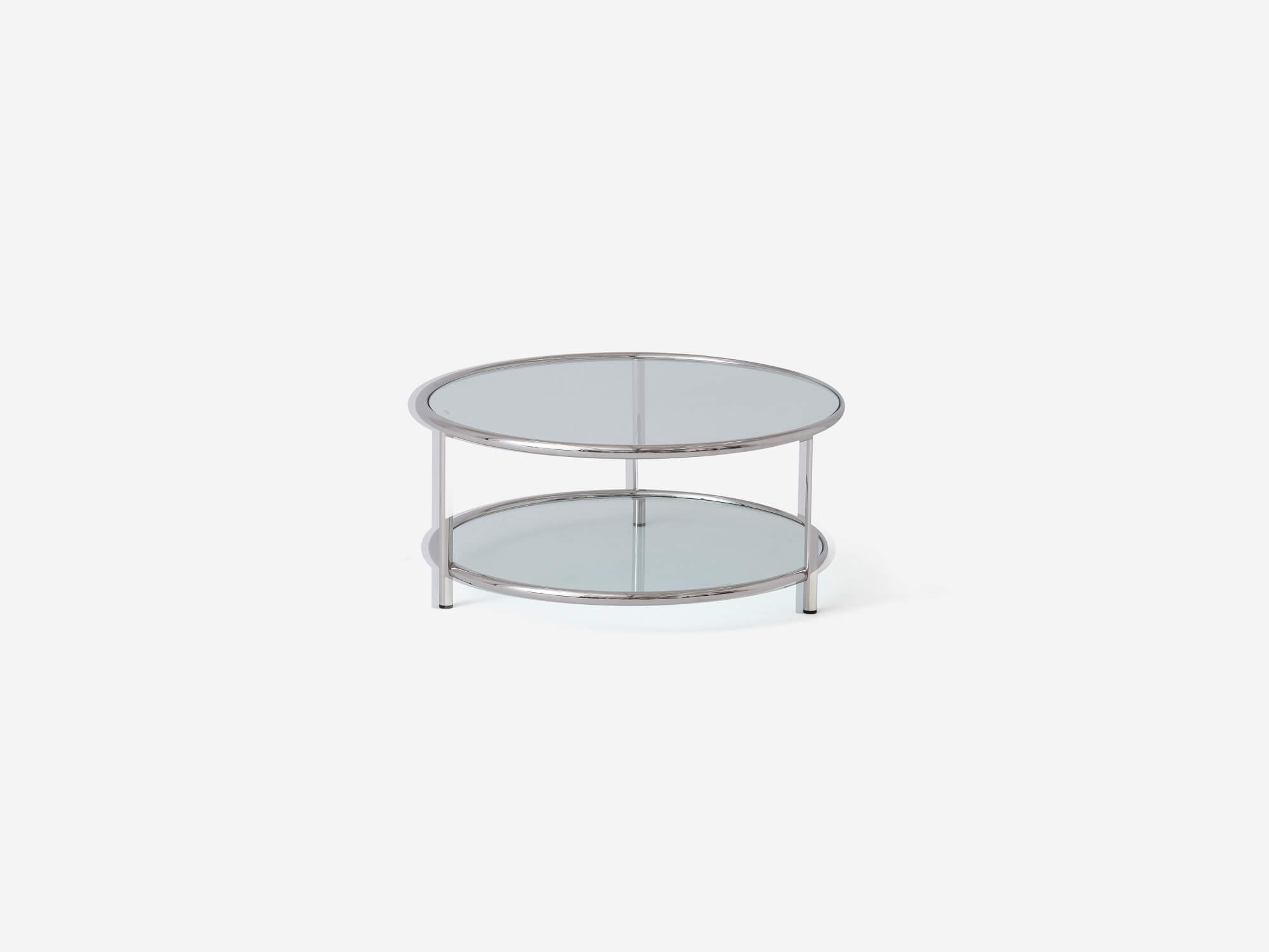 Front view of silver metal and glass coffee table